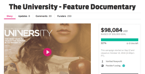 Indiegogo campaign results for The University film. 327% of our ask!