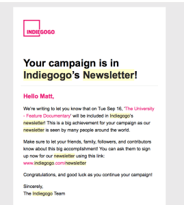 Indiegogo featured newsletter