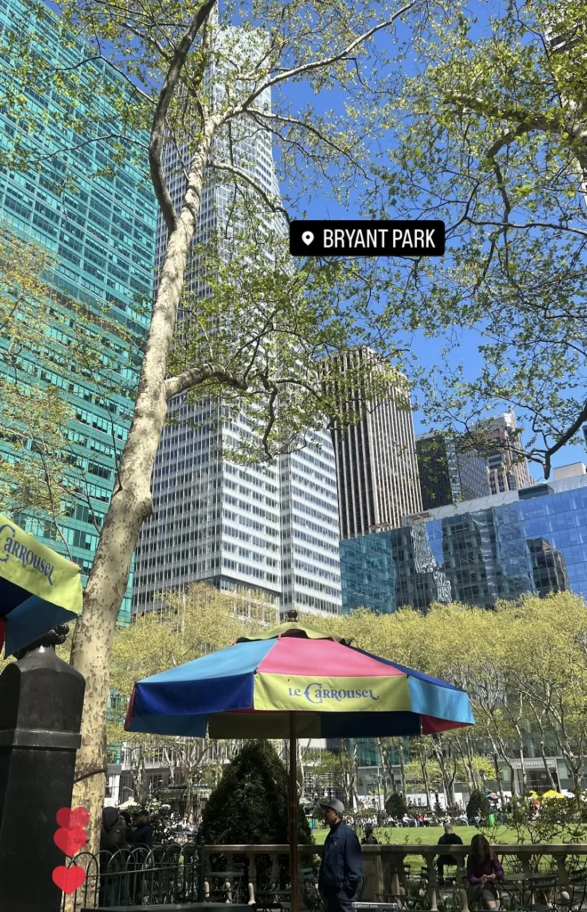 When on a business trip to NYC recently, we worked outside at Bryant Park. Design your life to hold meetings in a park, in the sun, vs. an office.