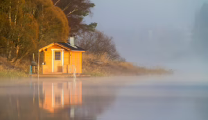 sauna raft, sauna, river, fog, woods, anchored, sauna, sauna, sauna, sauna, sauna