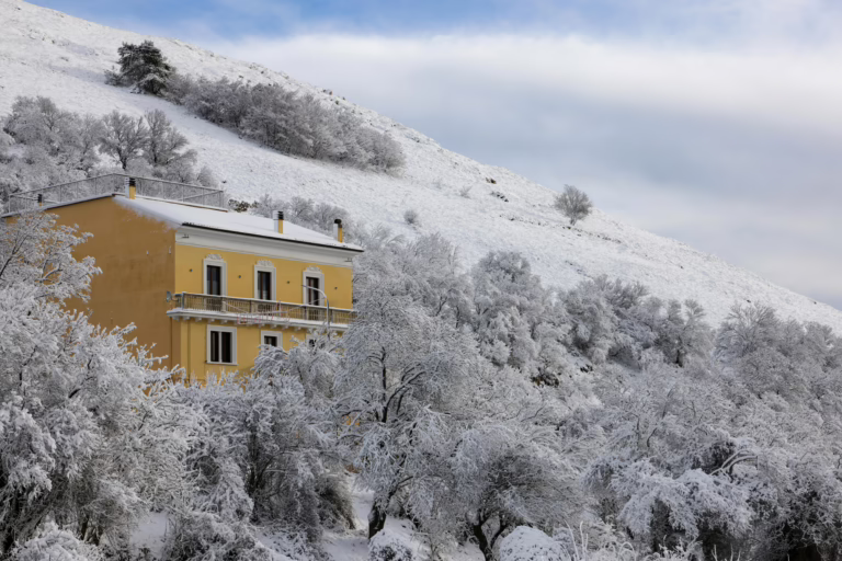 Yellow house amidst snowy hillside and frosty trees in winter landscape.