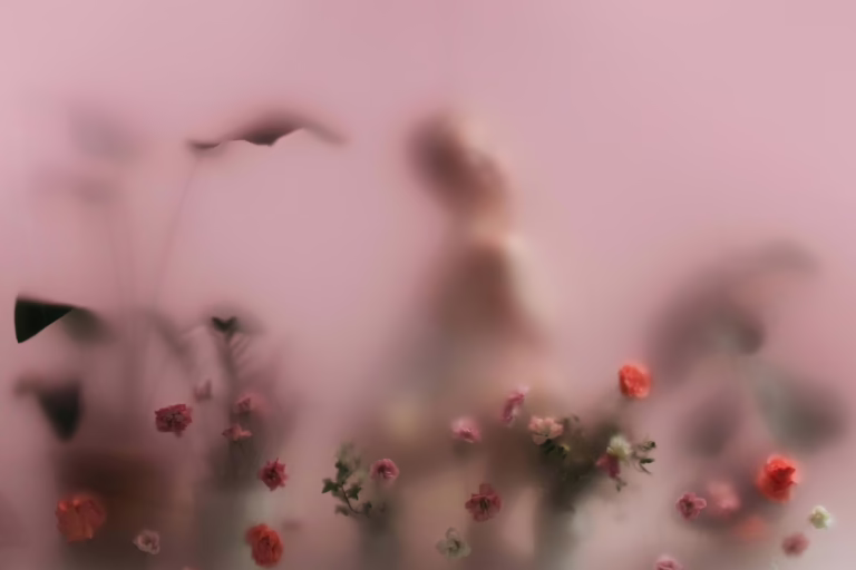 Abstract image of blurred flowers and person silhouette behind translucent glass with pink background.