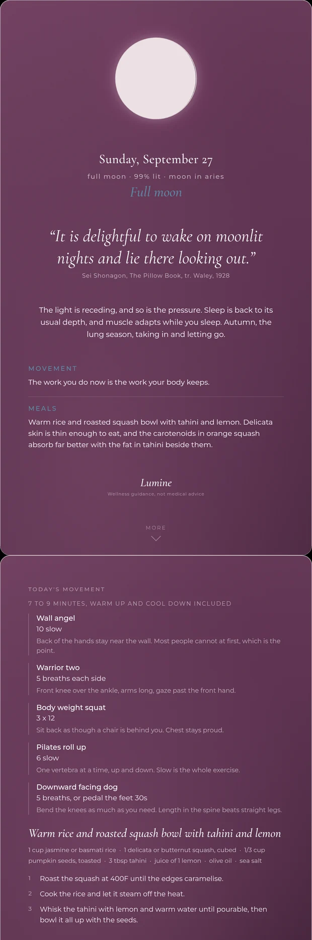A Lumine daily card scrolling from the moon to the movement session to a seasonal recipe