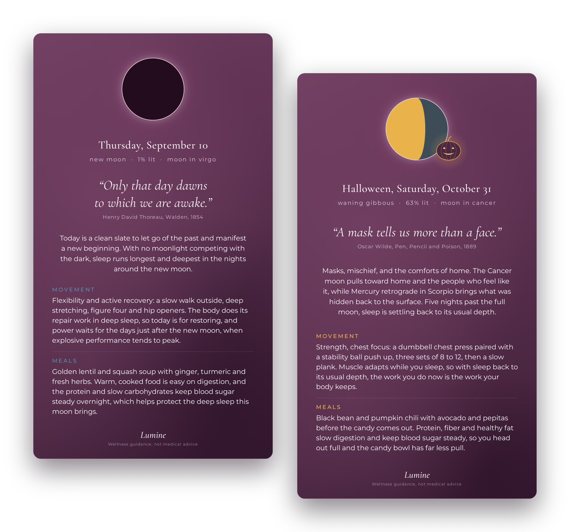 Two Lumine daily cards, each with one movement, one mindset, and one meal attuned with the energy of the day
