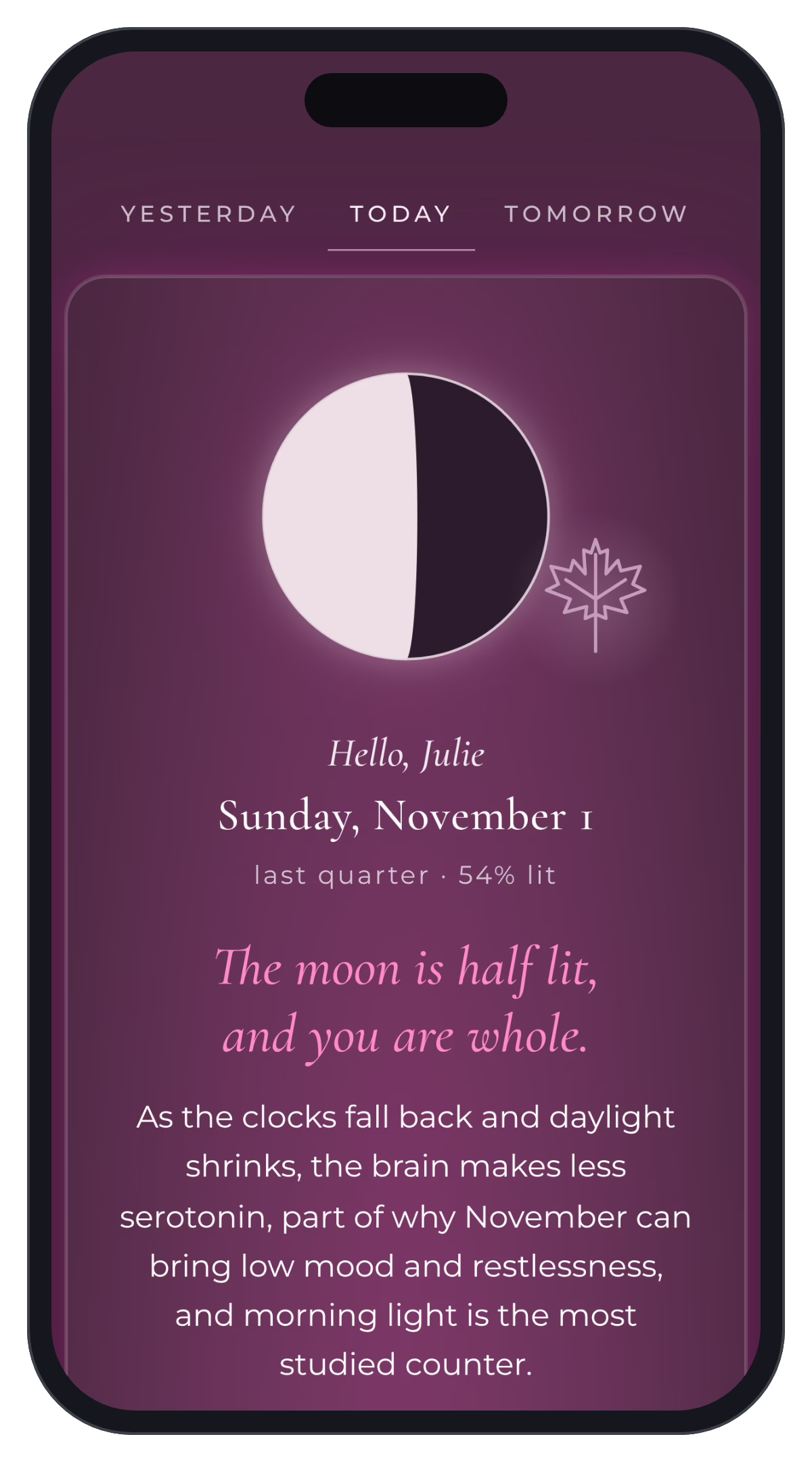 The Lumine app's daily card for Sunday, November 1, showing the last quarter moon and a maple leaf