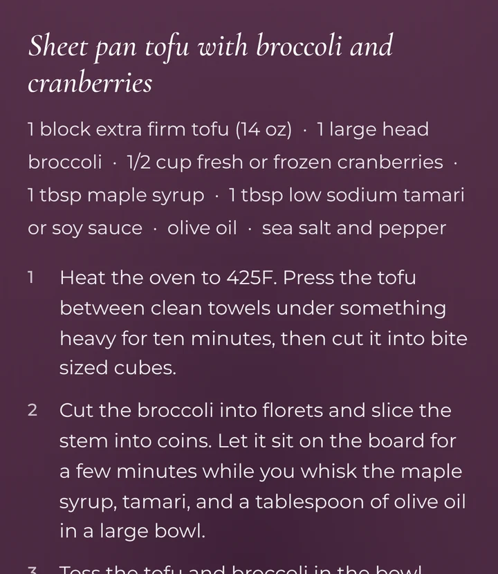 The recipe on a Lumine card: sheet pan tofu with broccoli and cranberries
