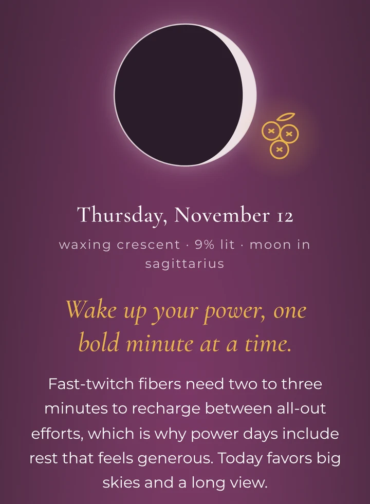 The top of a Lumine card, with the moon, the mantra, and the day’s energy
